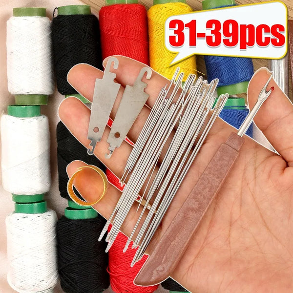 A hand holds a portable sewing needle kit with multiple silver needles and a small knife, surrounded by spools of colored thr
