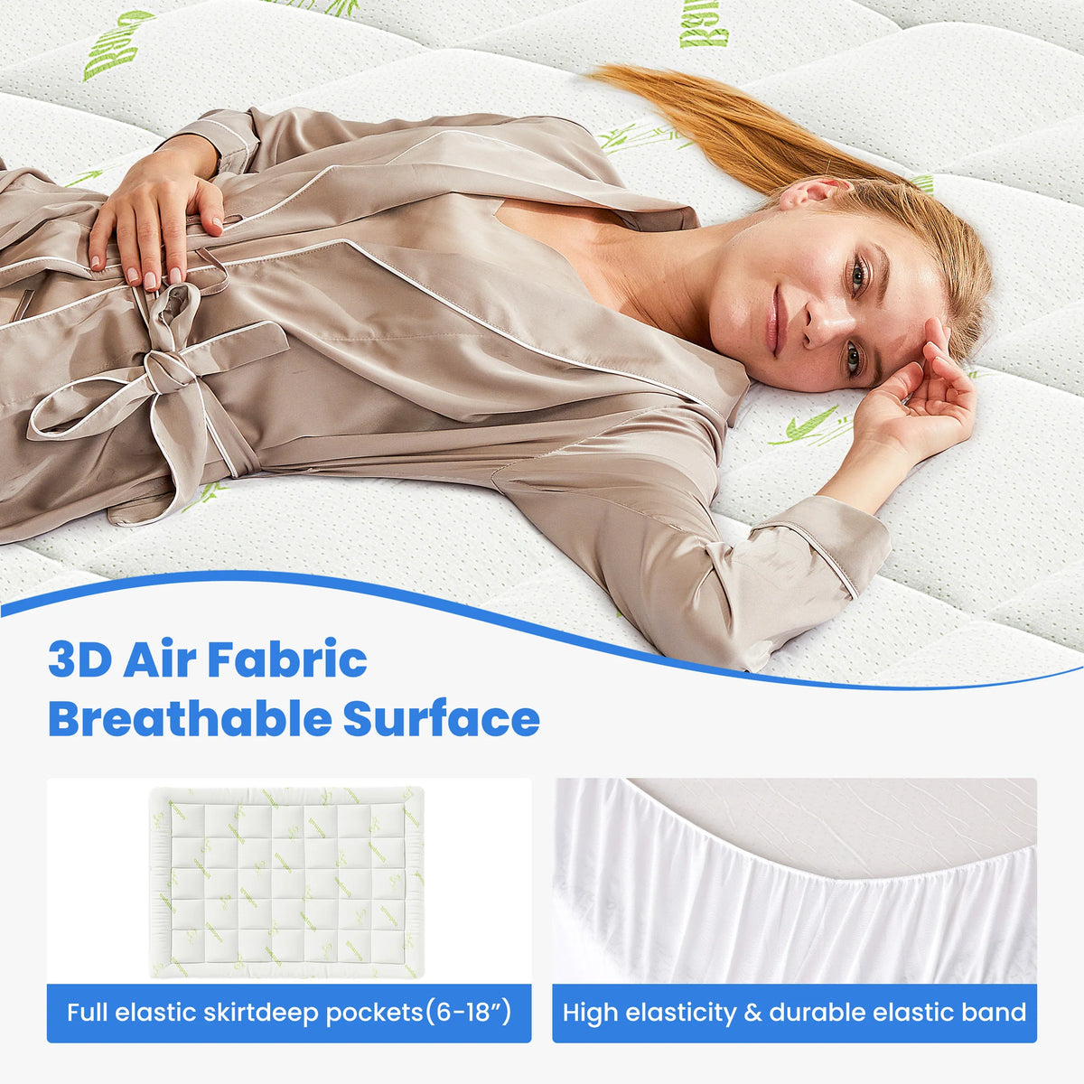 A woman lies on a white mattress topper made of 3D air fabric, demonstrating its breathable surface and elastic features.