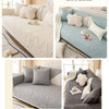 Three variations of a light cyan, light grey, and dark grey sofa cover with fluffy pillows.