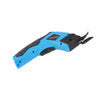 A blue and black cordless electric scissors tool for cutting fabric, carpet, or leather.