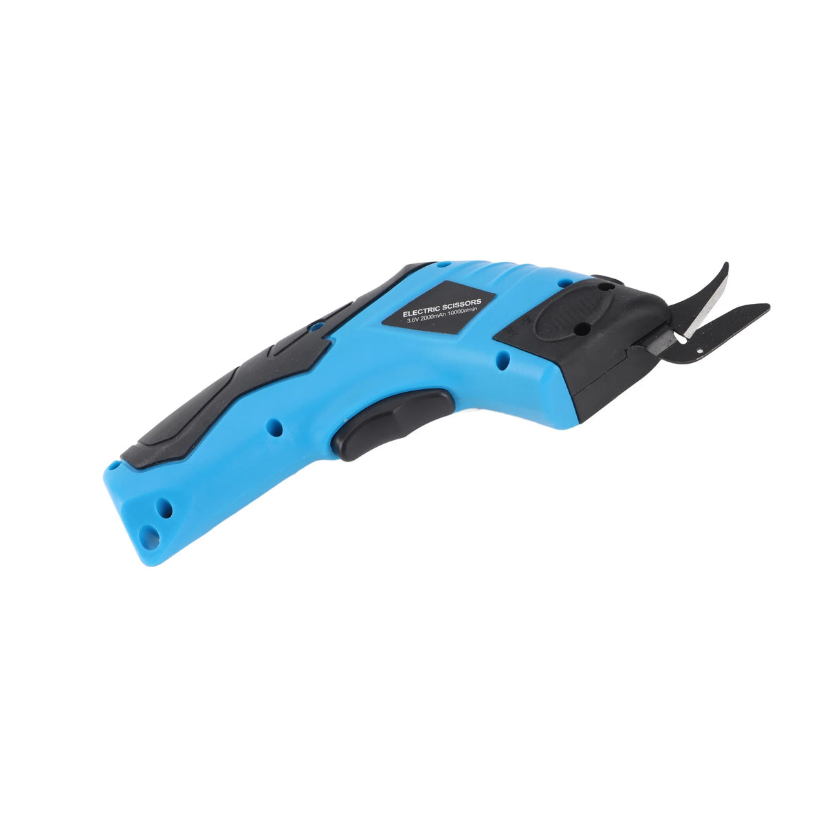 A blue and black cordless electric scissors tool for cutting fabric, carpet, or leather.