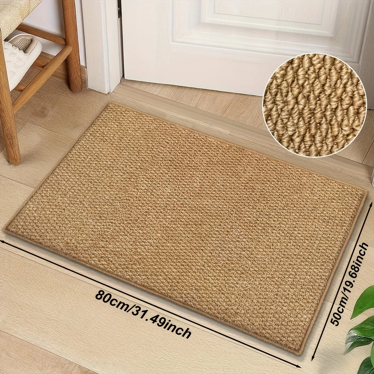 A rectangular beige kitchen runner mat with a woven texture is displayed on a light wooden floor.