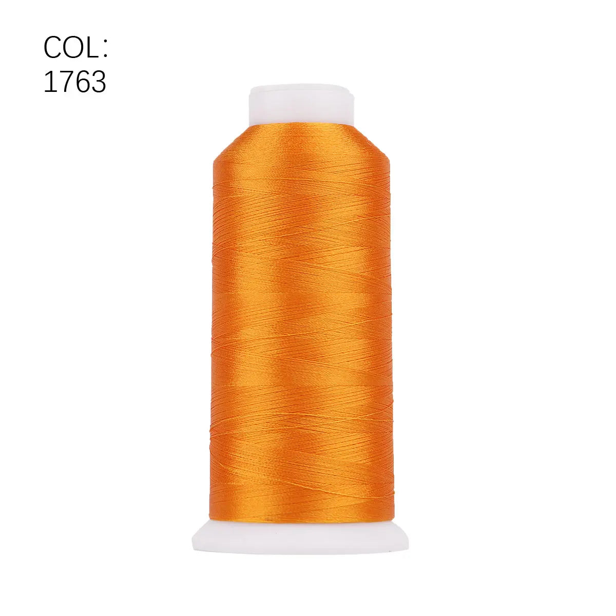 A roll of orange polyester embroidery thread with a white core.