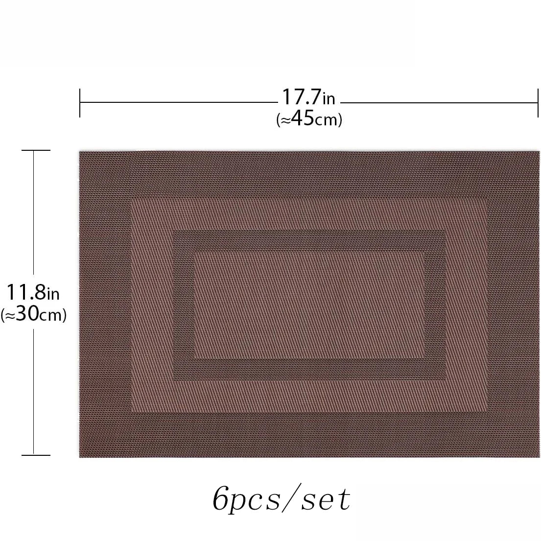 A set of six rectangular brown non-slip heat resistant placemats, each measuring 17.7 inches long.