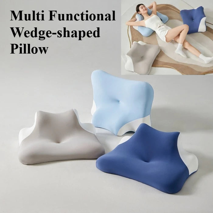 A collection of multi-functional wedge-shaped pillows in light blue, gray, and blue are shown for neck support and comfort.