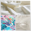 White fabric texture and a pink and blue anime character design on a square pillow cover with an invisible zipper.