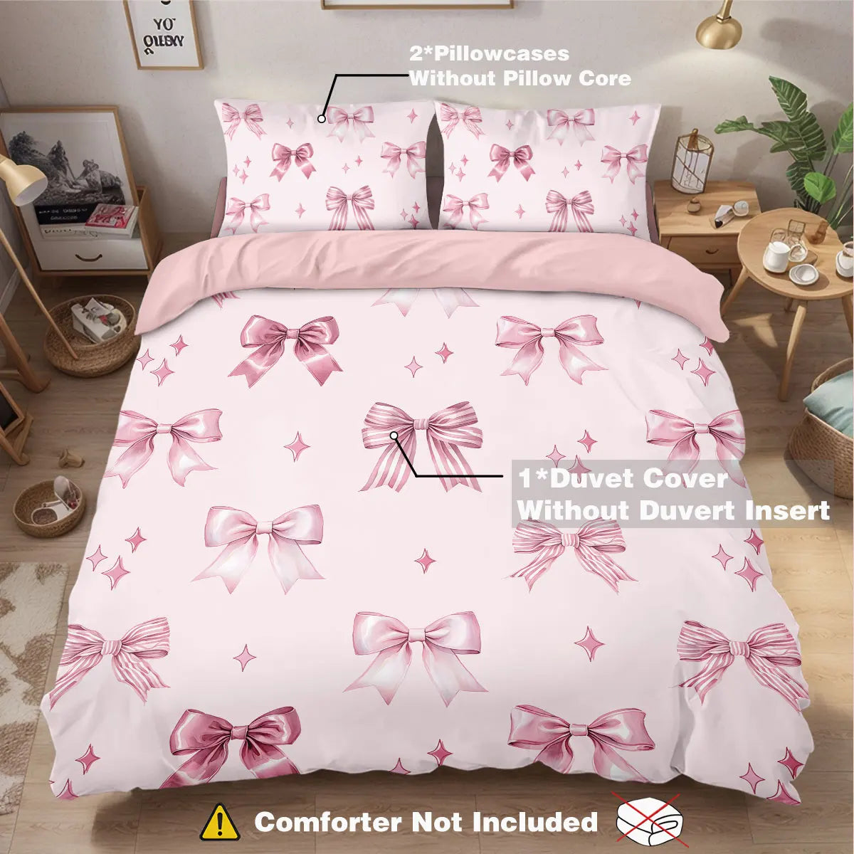 Pink bow printed duvet cover set with two pillowcases and a duvet cover without insert