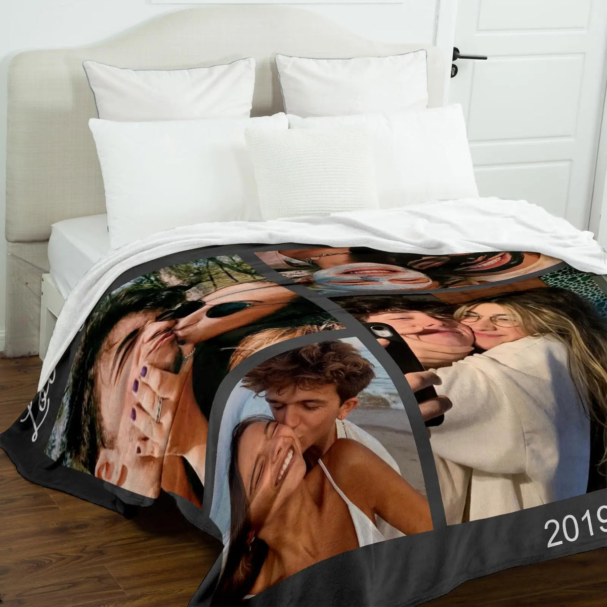 A custom photo couple blanket featuring multiple candid photos of a couple.