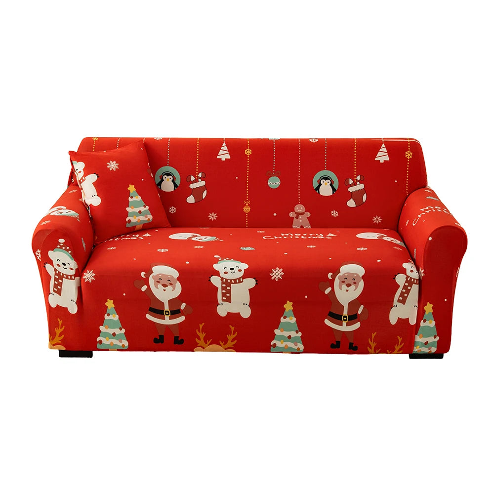 A red festive sofa cover featuring Christmas and winter-themed characters and decorations.