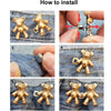Step-by-step instructions showing how to install adjustable bear button pins onto denim fabric.