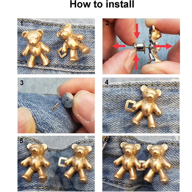 Step-by-step instructions showing how to install adjustable bear button pins onto denim fabric.