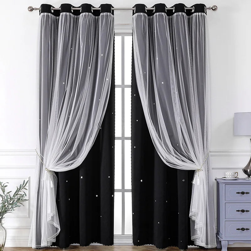 Black and sheer white double-layer decorative curtains hanging on a rod.