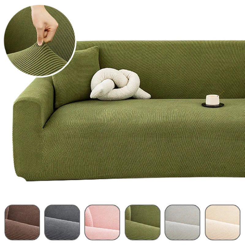 A collection of stretch jacquard sofa slipcovers in various shades of olive green and beige.