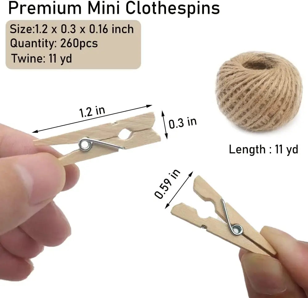 A hand holds a wooden clothespin with jute twine, next to a ball of natural fiber twine.