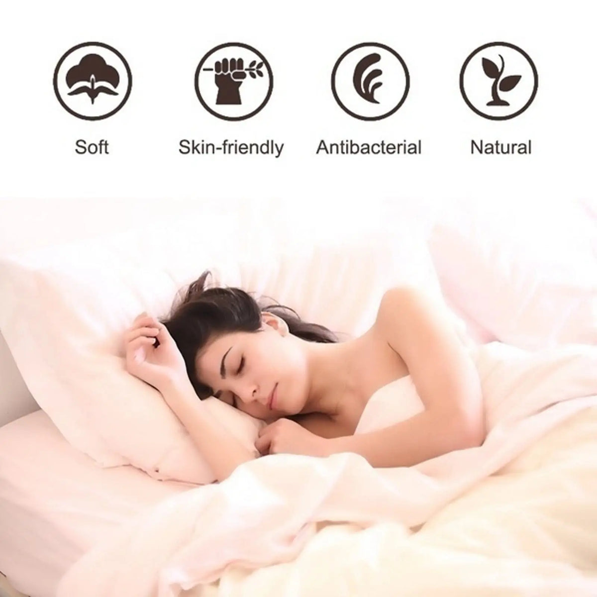 A woman is relaxing on a pink bed with soft floral bedding, surrounded by icons indicating the product is soft, skin-friendly