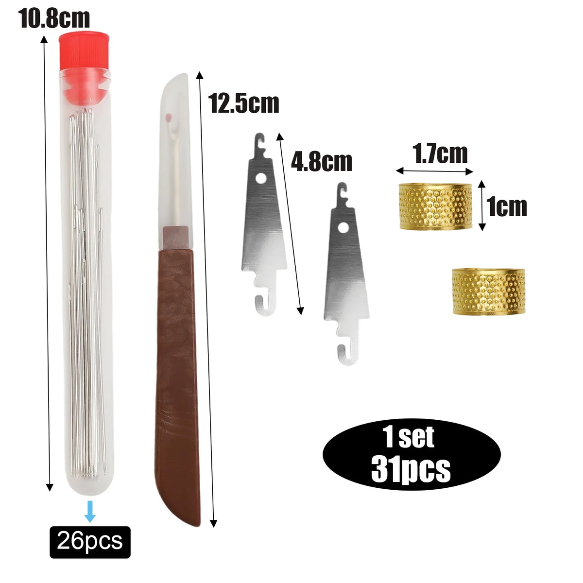 A set of portable sewing needles, including various sizes and a gold-colored metal tool, packaged for embroidery and crafting