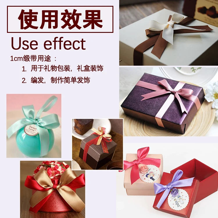 Various satin ribbon rolls and gift boxes tied with ribbons for wrapping presents