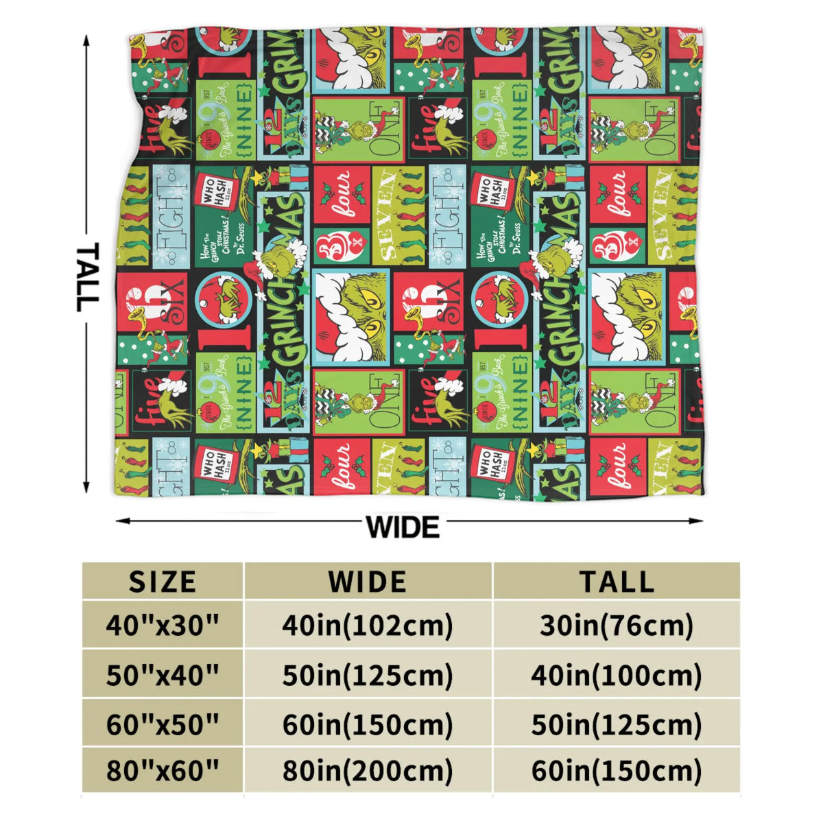 A colorful patterned throw blanket featuring various designs and text on a dark background.