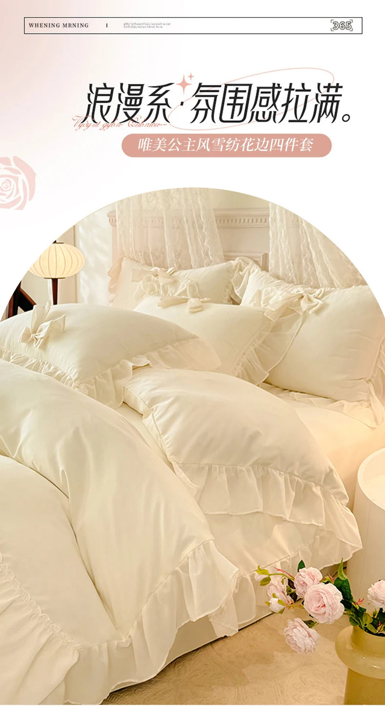 A luxurious white princess chiffon duvet cover set displayed on a bed with sheer white curtains.
