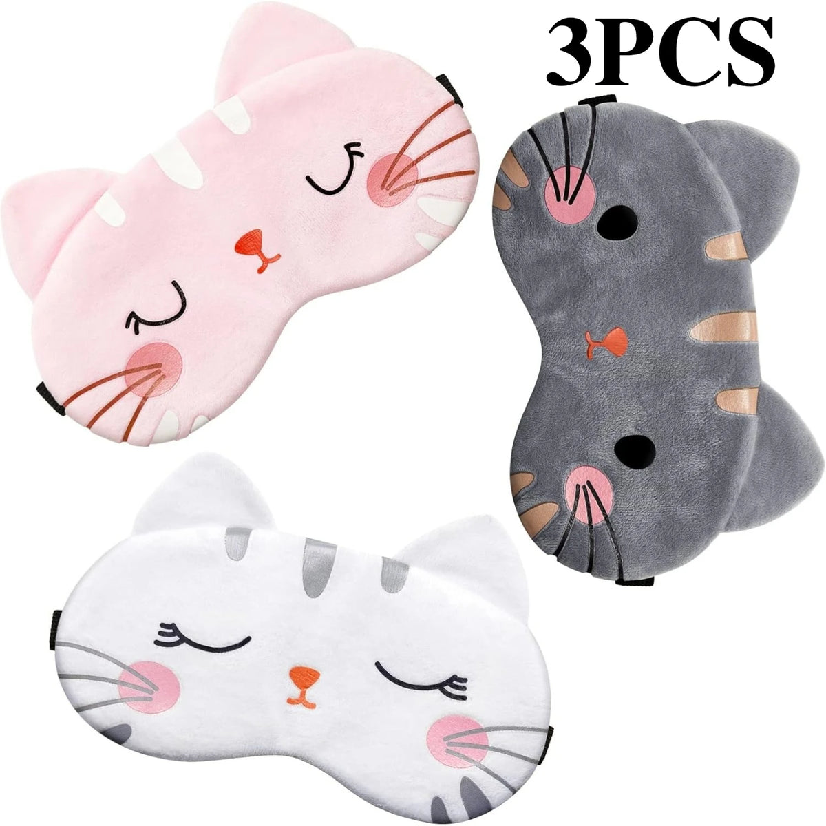 Three soft animal cartoon sleep masks featuring pink, gray, and white cats with visible whiskers and ears.
