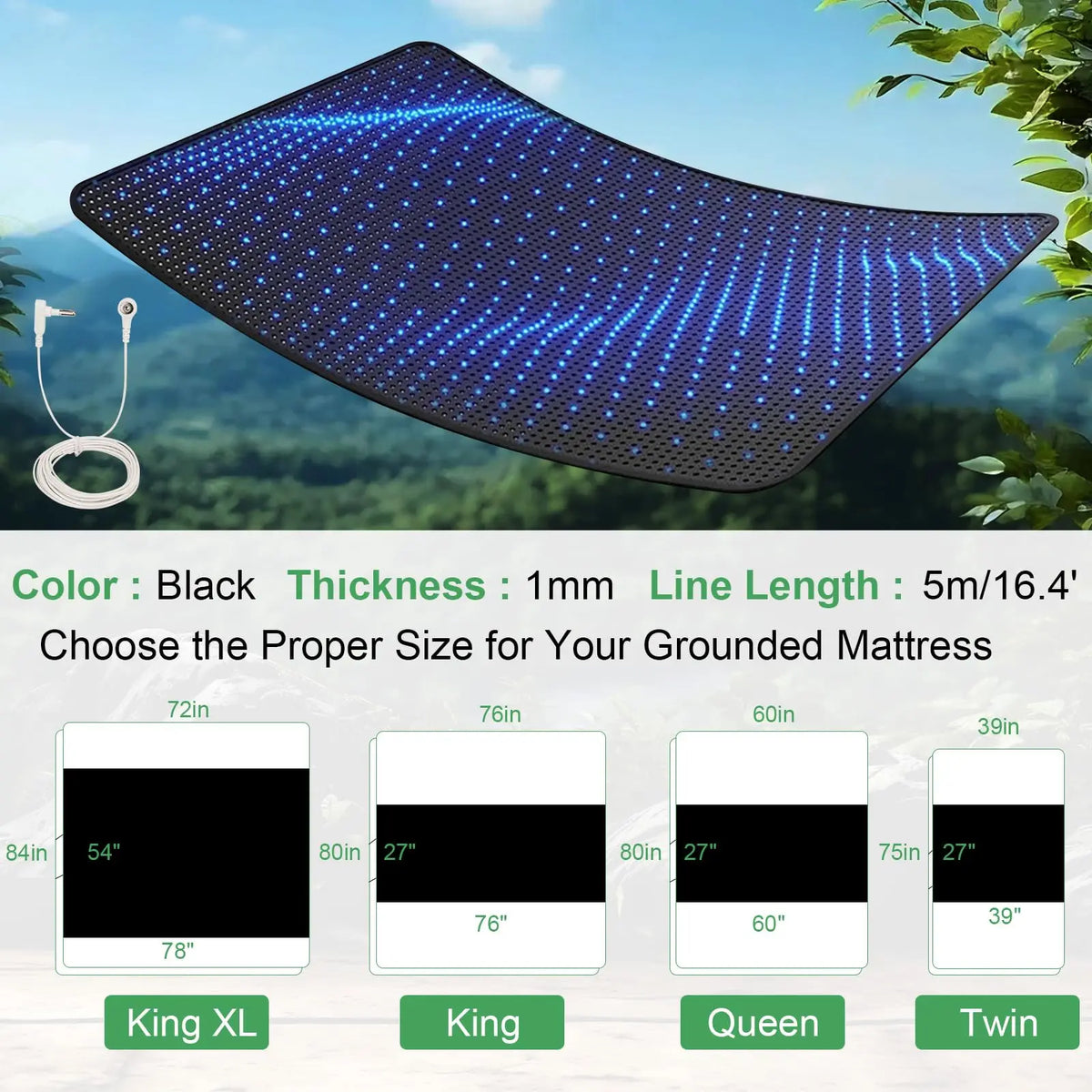 A black conductive grounding mattress pad is shown floating in the air against a blurred green background.