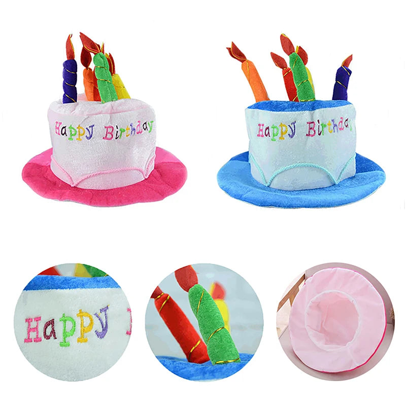 A set of colorful birthday candle hats with festive decorations and pink, blue, and green fabric.