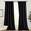 Black waterproof thermal blackout curtain panels hanging in a window frame.