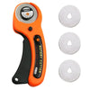 Orange rotary cutter kit with six silver blades and a black handle