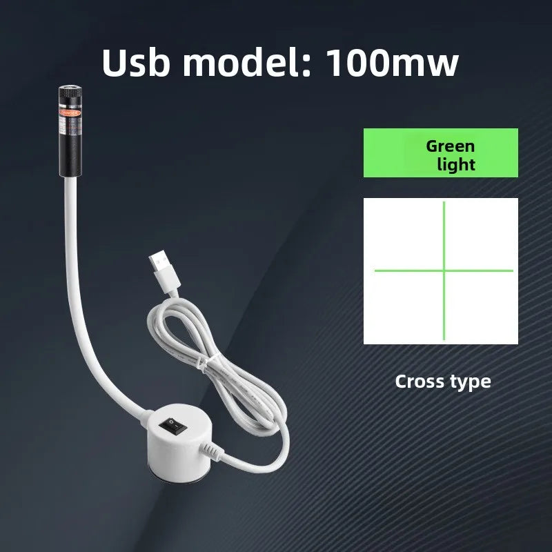 A white USB laser positioning light with a green LED indicator and cross-type cable is shown against a dark background.