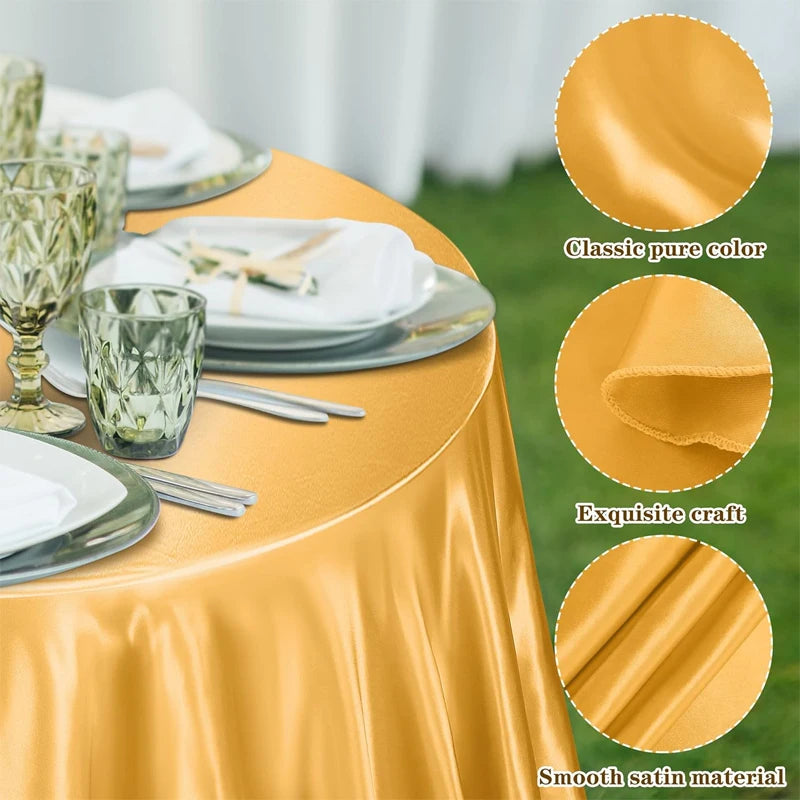A close-up of golden satin tablecloths draped on a round table, showing the smooth material and classic pure color.