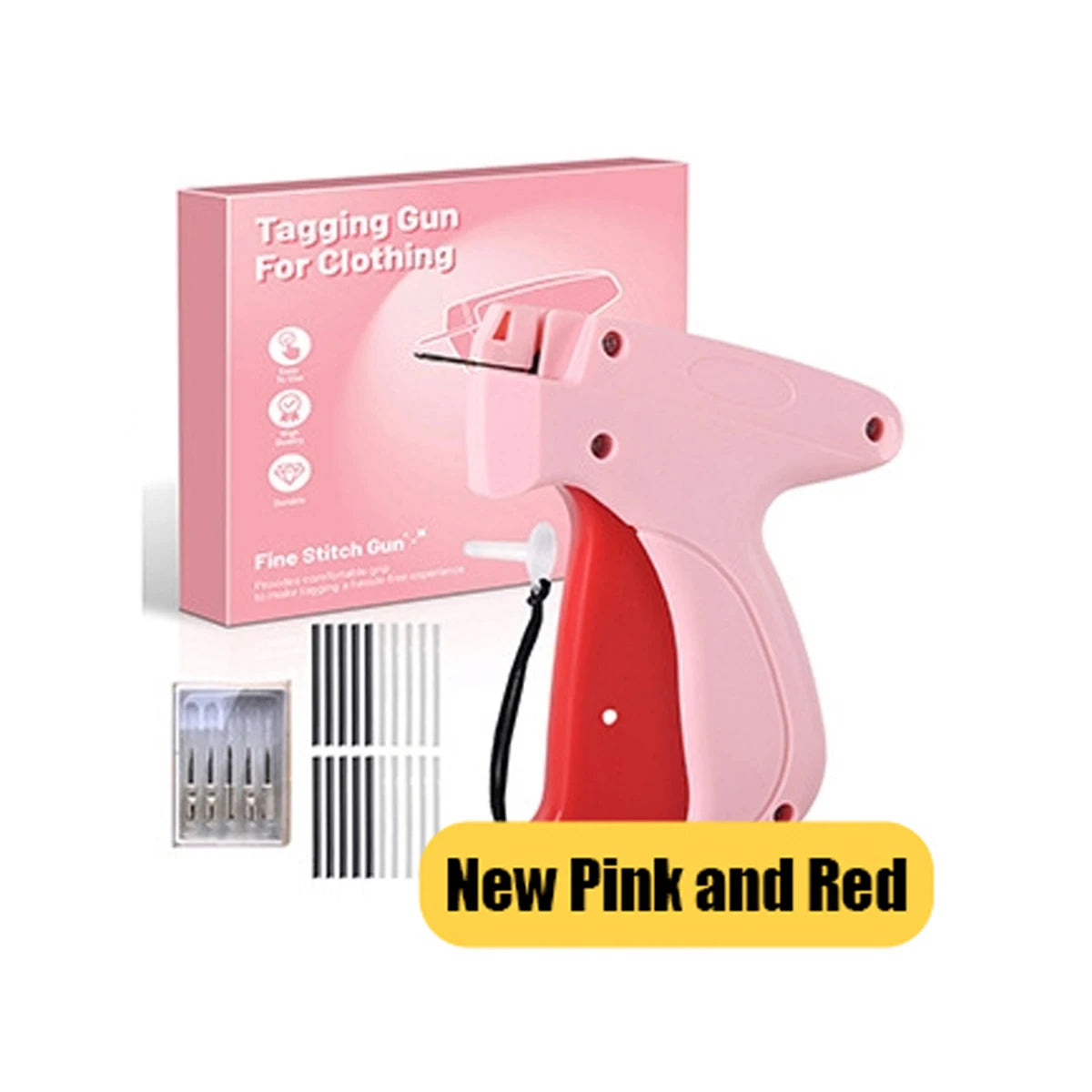 A pink and red tagging gun for clothing is shown next to a set of needles.