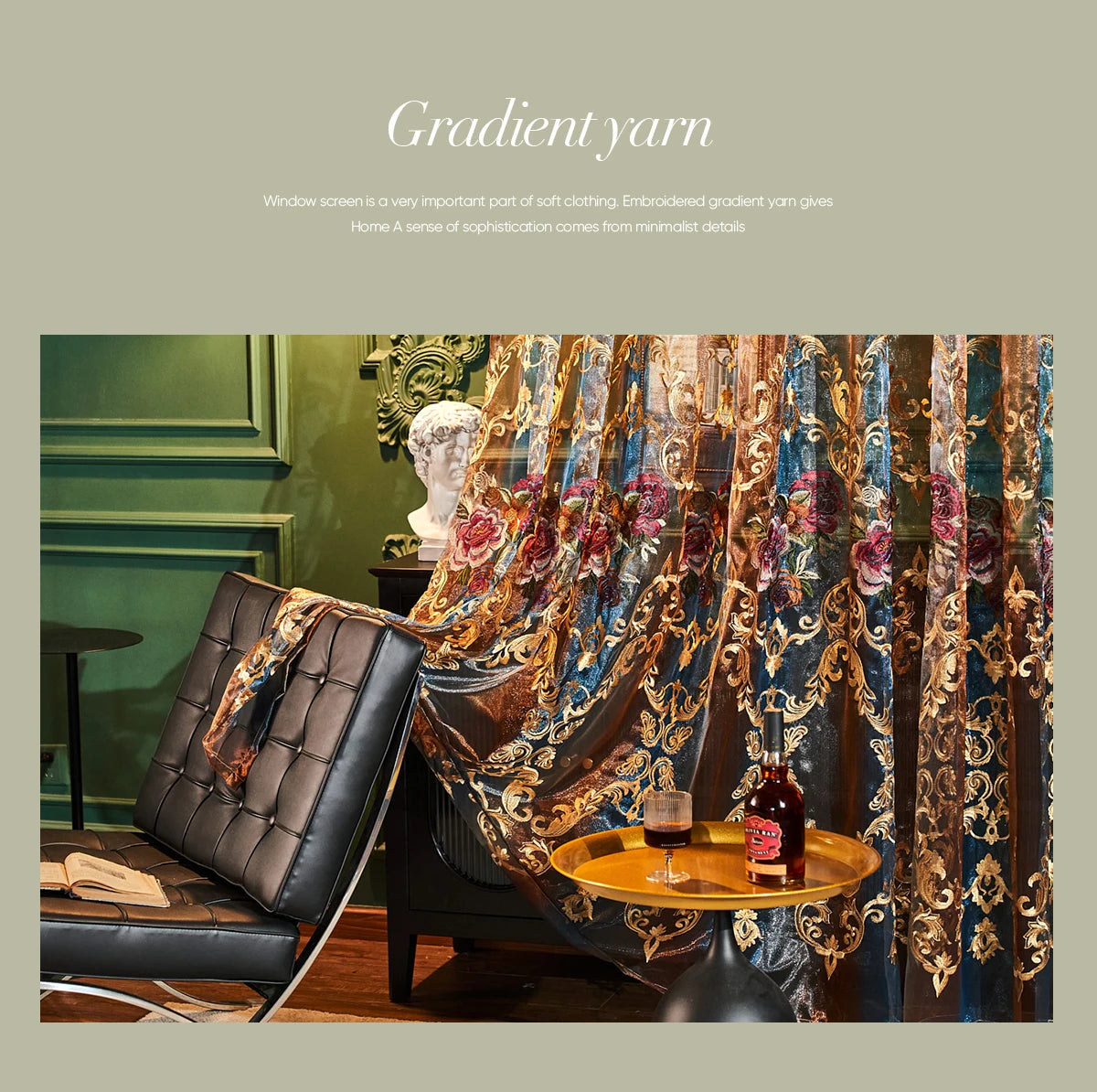 Gradient yarn fabric featuring floral embroidery used in neoclassical sheer curtains.