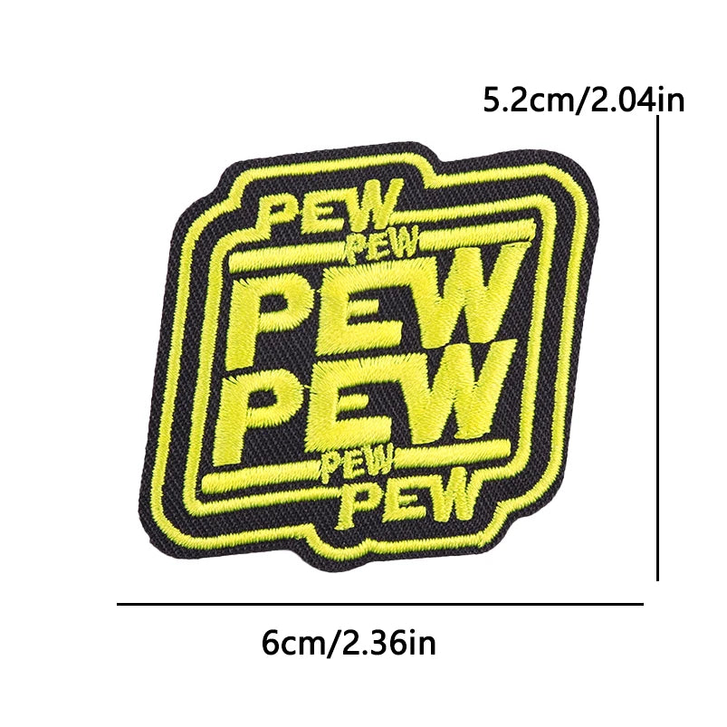 Yellow and black embroidered patch with the word PEW repeated on it