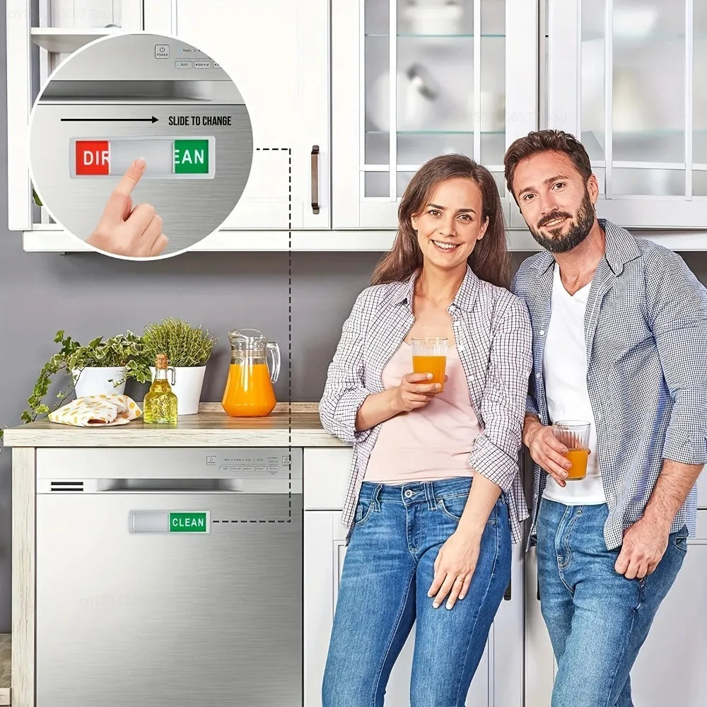 A woman and a man stand in a kitchen with a magnetic dish indicator on a dishwasher door.