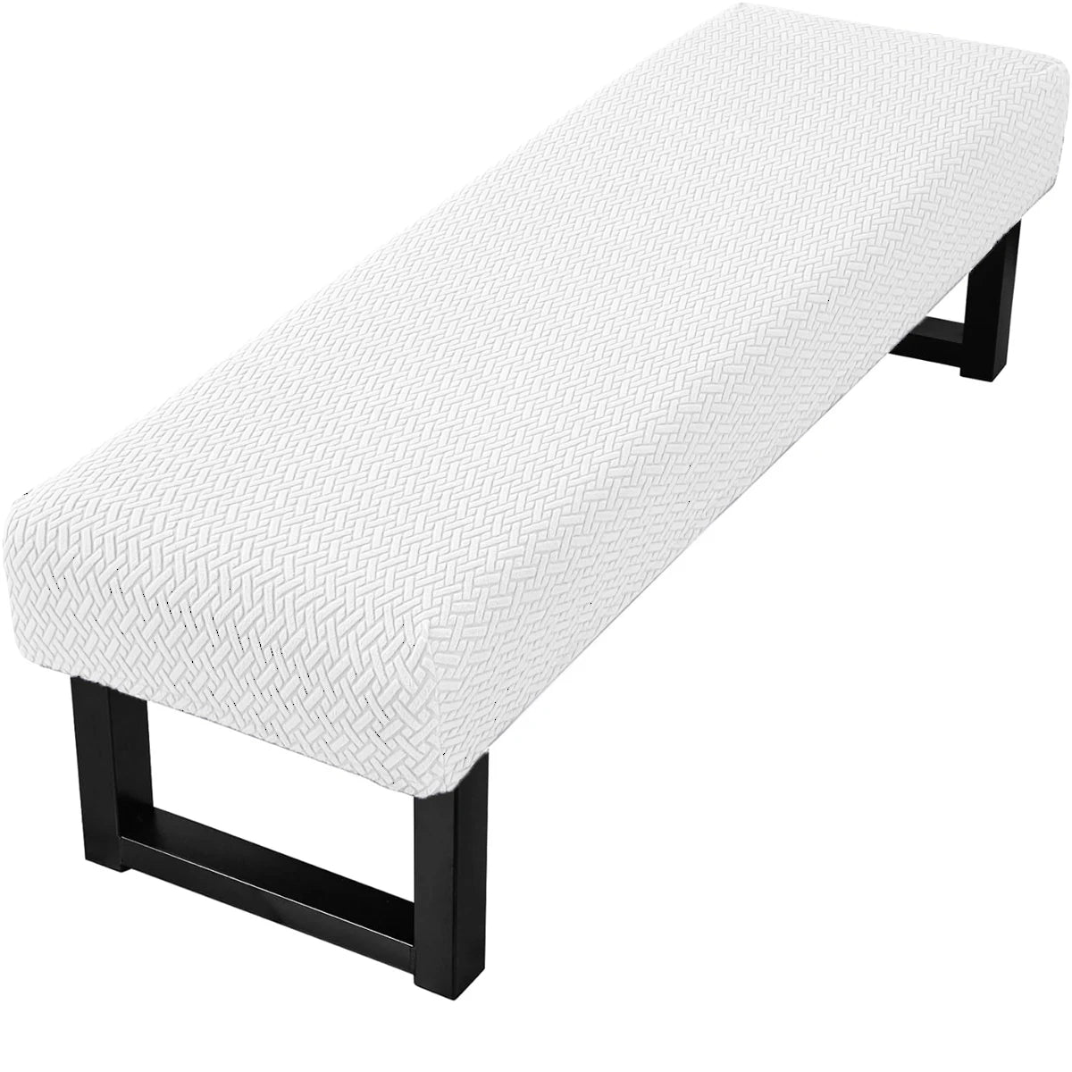 A white stretch jacquard dining bench cover with a black frame.