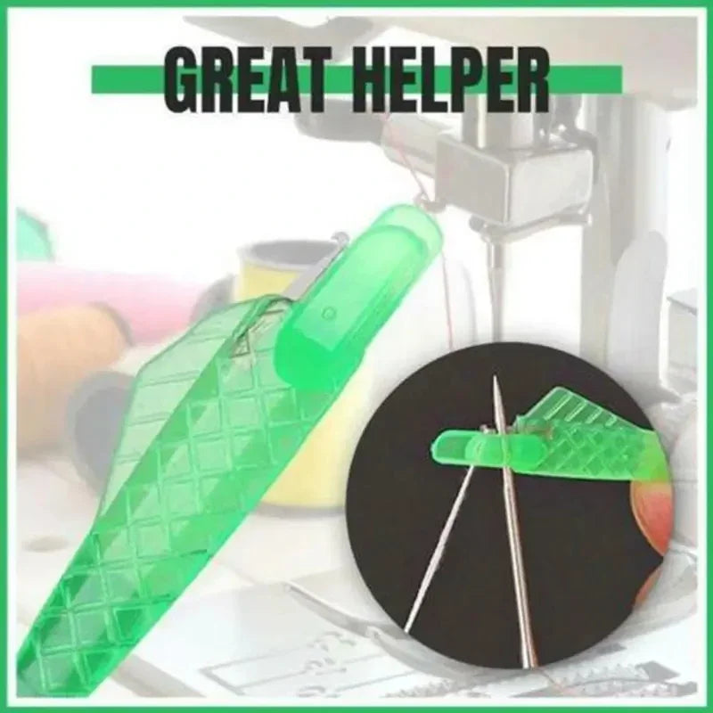 A bright green mini hand sewing needle threader kit is shown next to a black circular background.