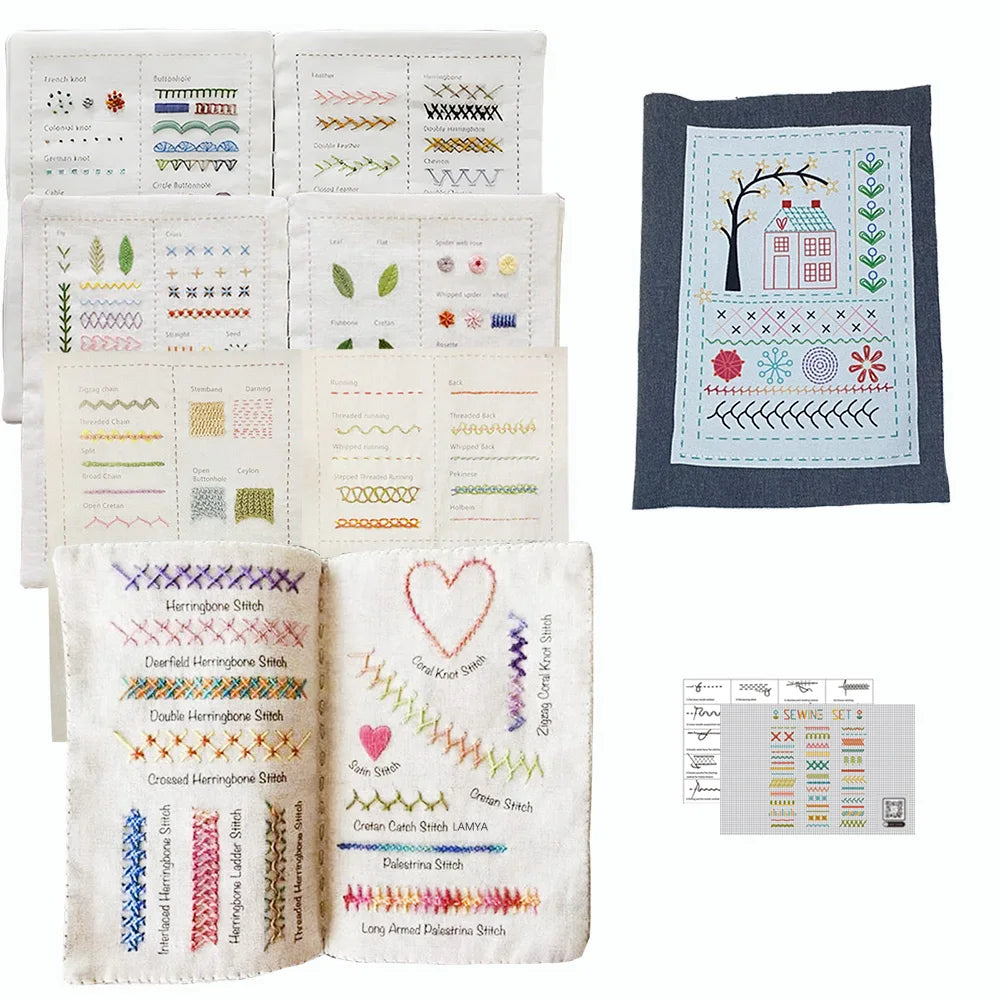 A collection of hand embroidery patterns and kits featuring various stitches and designs for adult learners.