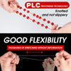 Hands demonstrate the flexibility of a multicolor elastic beading cord, showing it stretching without deformation.