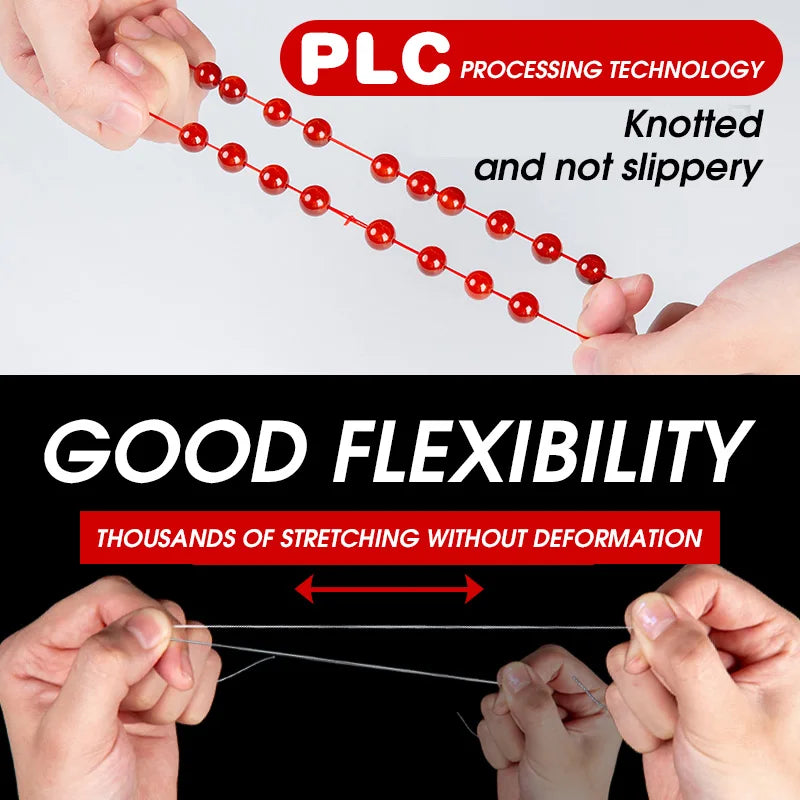Hands demonstrate the flexibility of a multicolor elastic beading cord, showing it stretching without deformation.