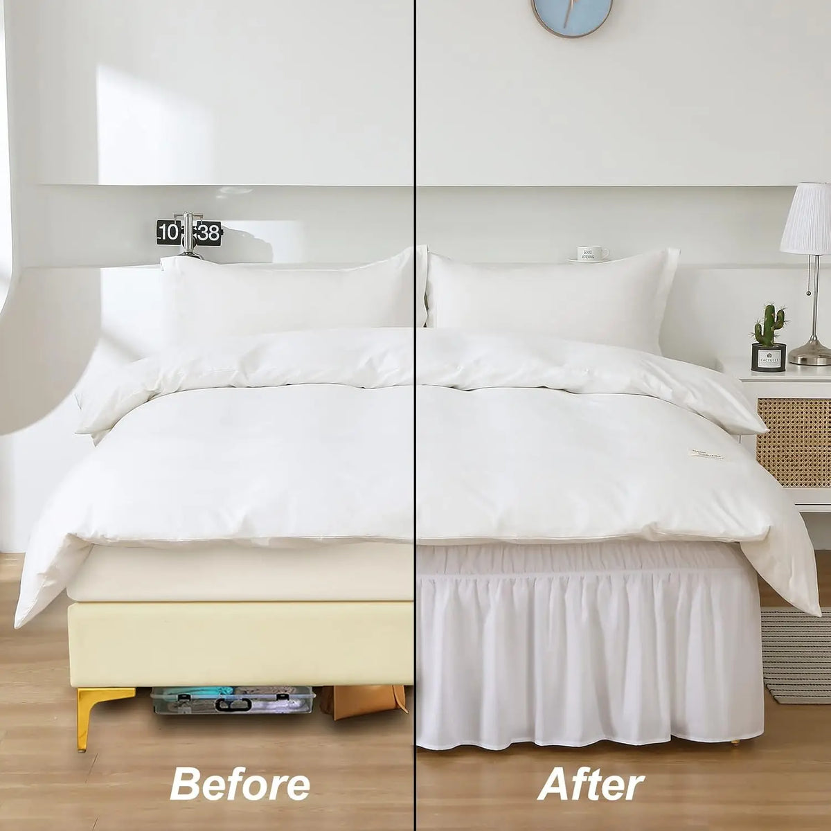 Before and after comparison of an elegant ruffled bed skirt set on a bed.