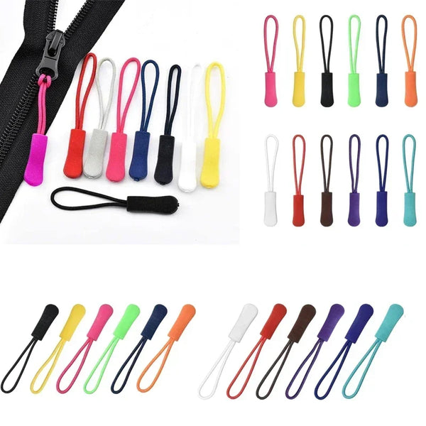 A collection of replacement zipper pulls in various colors and styles, including silicone and plastic options.