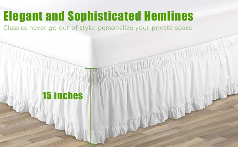 White ruffled bed skirt featuring 15 inches of fabric for queen and king beds.