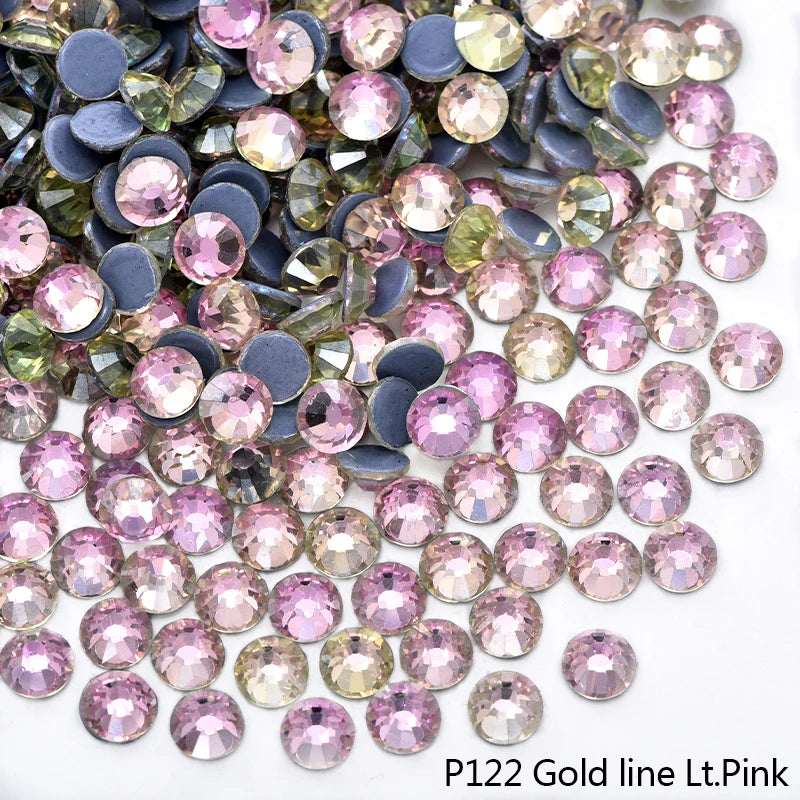 P122 Gold line Lt.Pink flatback glass rhinestone decoration kit featuring various shades of pink and green stones