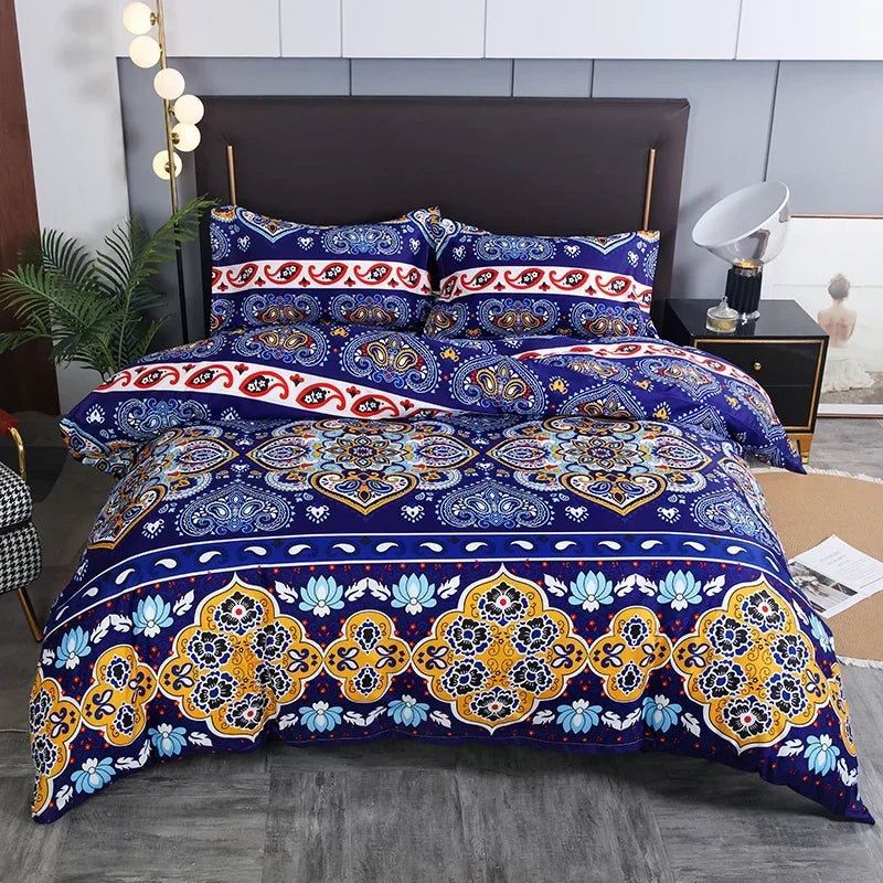 A vibrant blue and gold geometric patterned duvet cover set displayed on a bed.