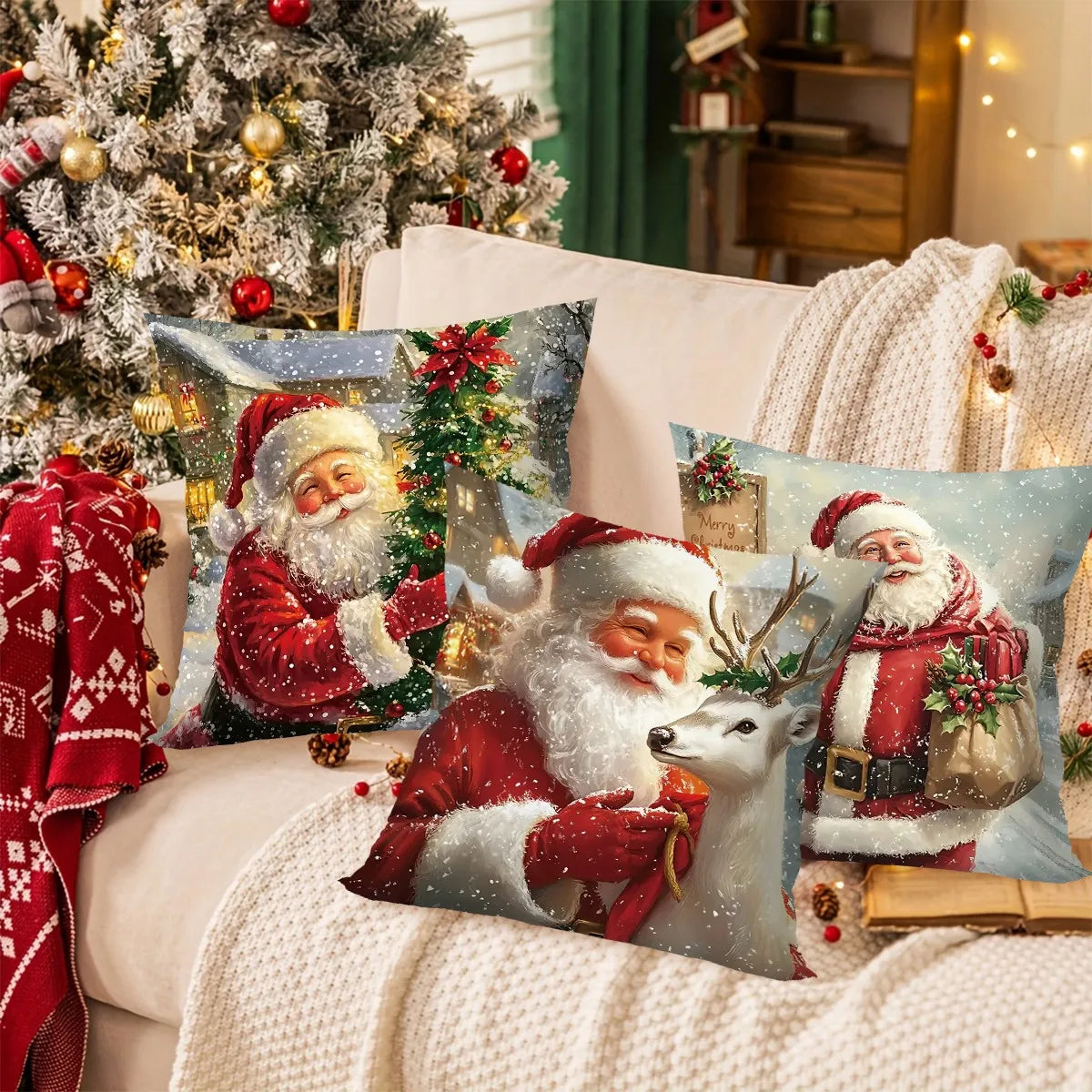 Two festive Christmas throw pillow covers featuring Santa and a reindeer on a snowy background