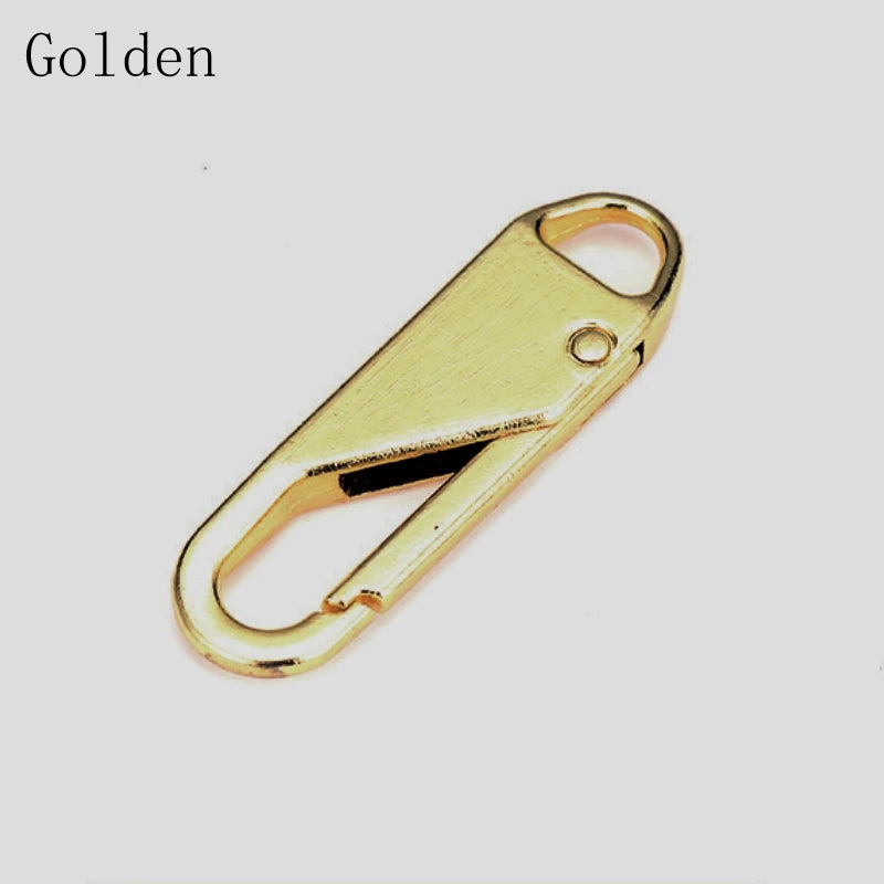 A gold-colored zipper pull replacement set for bags and garments.