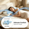 A woman rests her head on a blue and white contoured pillow while lying in bed, demonstrating neck pain relief.