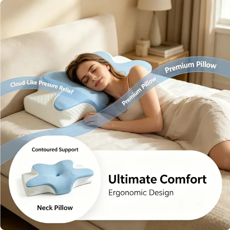 A woman rests her head on a blue and white contoured pillow while lying in bed, demonstrating neck pain relief.