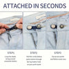 Three steps showing how to attach button extenders to pants for a fitted waist.