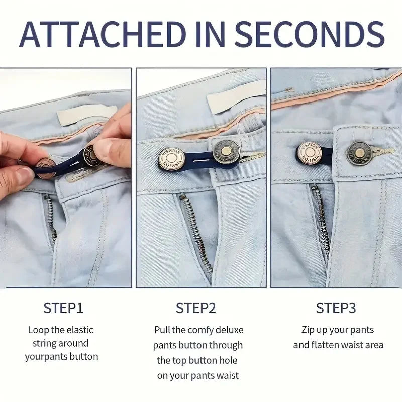 Three steps showing how to attach button extenders to pants for a fitted waist.